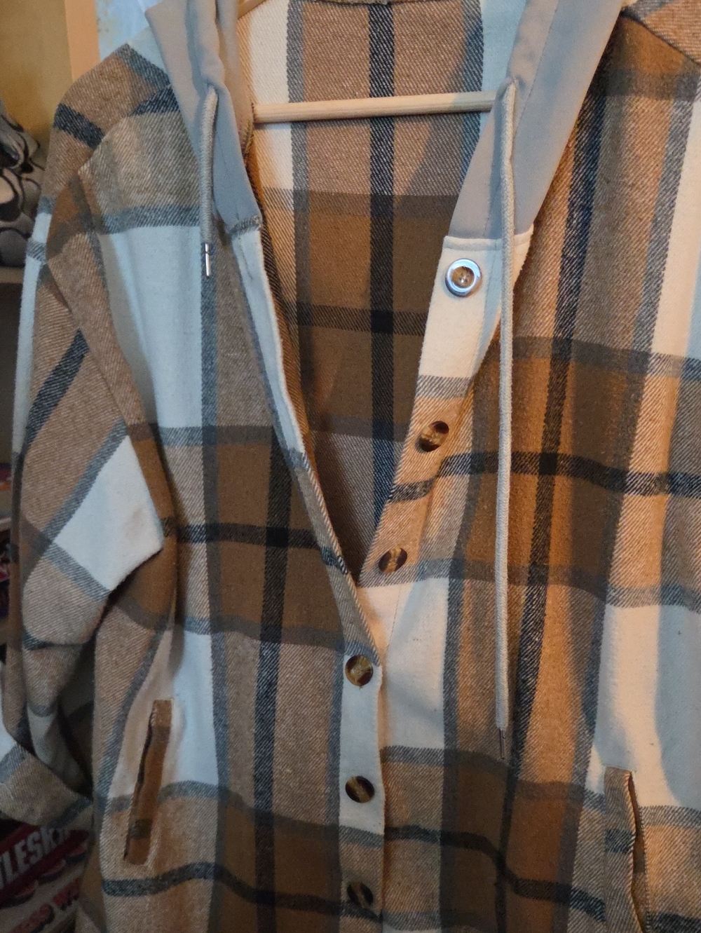 Plaid Button-Up Hooded Shacket in White and Brown